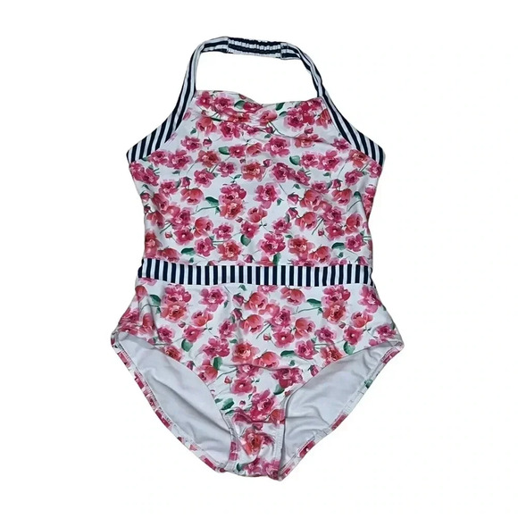 Tommy Bahama One Piece Halter Pink Floral Print Swimsuit Size 14 - Picture 1 of 4